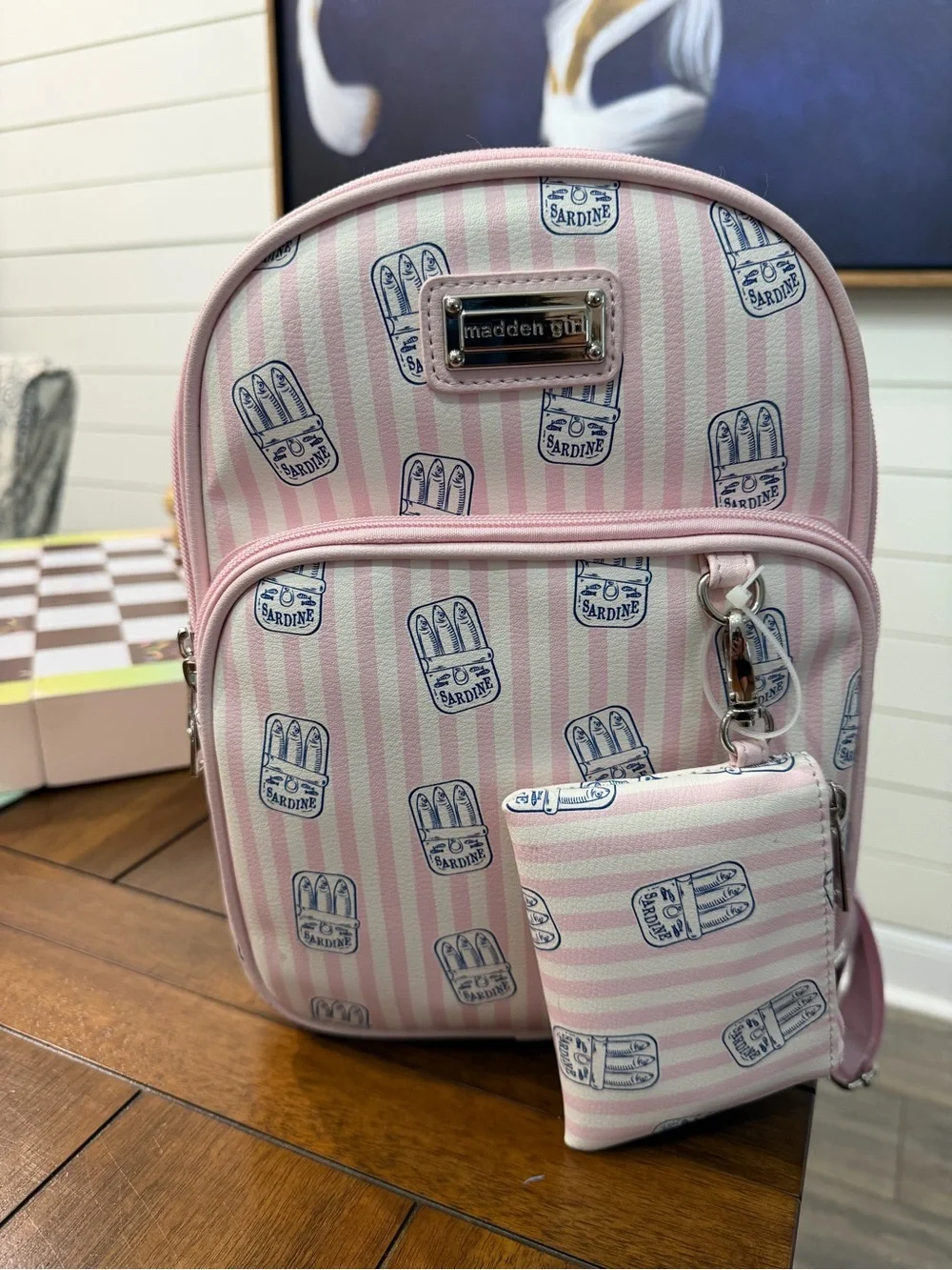 Madden Girl Pink Striped Sardine Print Kids Small Backpack with Pouch